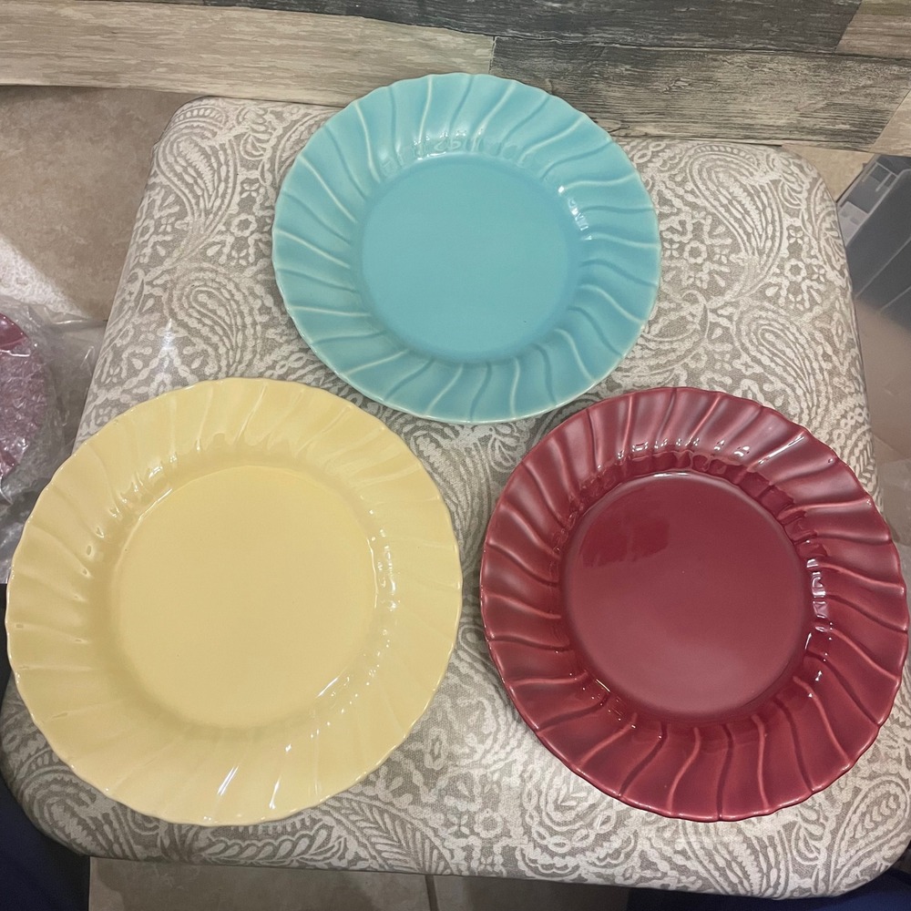 Vintage Franciscan Ware Coronado Swirl Salad Plates Set of 3 Blue Yellow Red